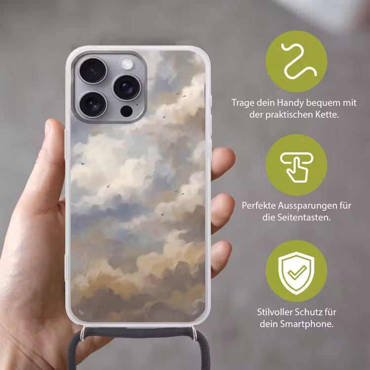 Vogel - Wolken - Natuur - Modern - Grijs Hoesje iPhone 16 Pro Max met koord klein -sfeer2_DE