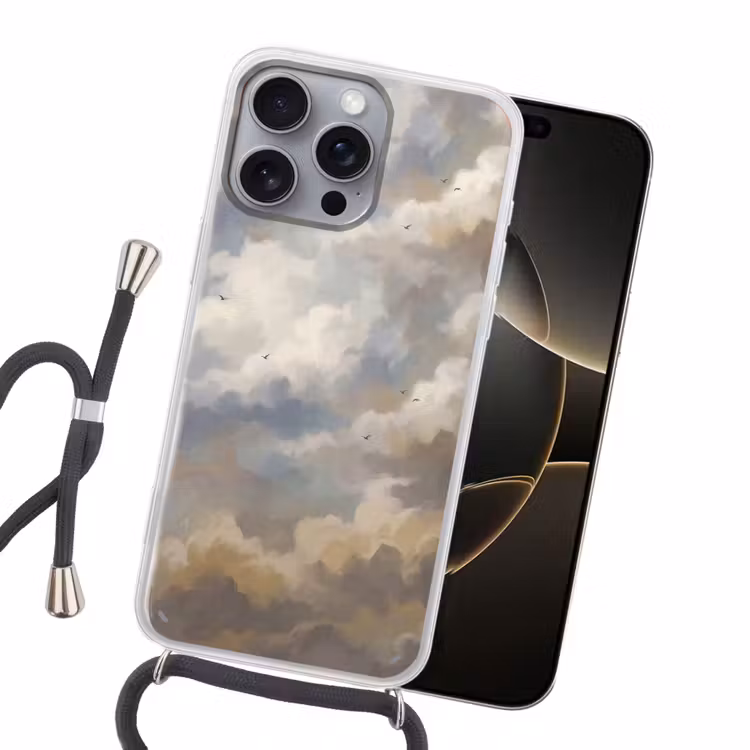 Vogel - Wolken - Natuur - Modern - Grijs Hoesje iPhone 16 Pro Max met koord klein -sfeer1