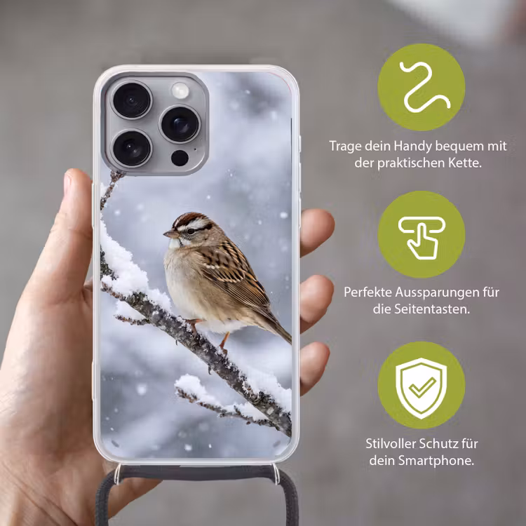 Vogel - Tak - Sneeuw - Winter Hoesje iPhone 16 Pro Max met koord klein -sfeer2_DE