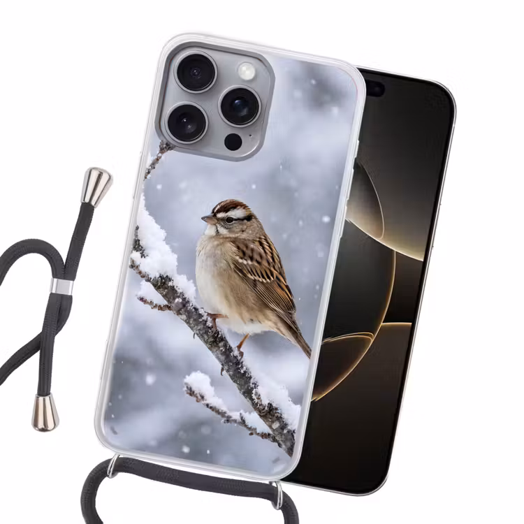 Vogel - Tak - Sneeuw - Winter Hoesje iPhone 16 Pro Max met koord klein -sfeer1