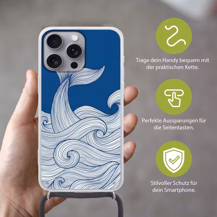 Walvis - Staart - Golven - Lijntekening - Blauw Hoesje iPhone 16 Pro Max met koord klein -sfeer2_DE