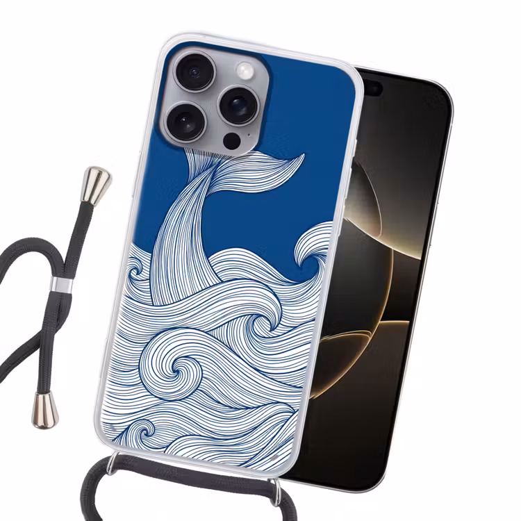 Walvis - Staart - Golven - Lijntekening - Blauw Hoesje iPhone 16 Pro Max met koord klein -sfeer1