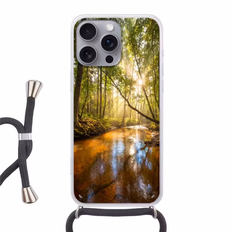 Bos - Beek - Zonlicht - Natuur - Groen Hoesje iPhone 16 Pro Max met koord klein -3d