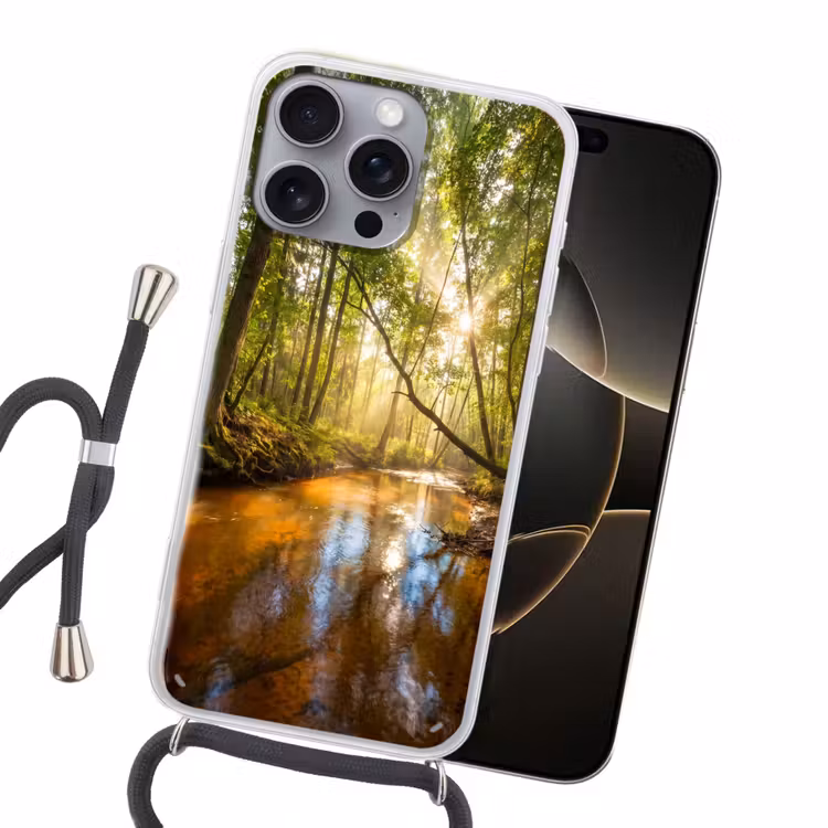 Bos - Beek - Zonlicht - Natuur - Groen Hoesje iPhone 16 Pro Max met koord klein -sfeer1