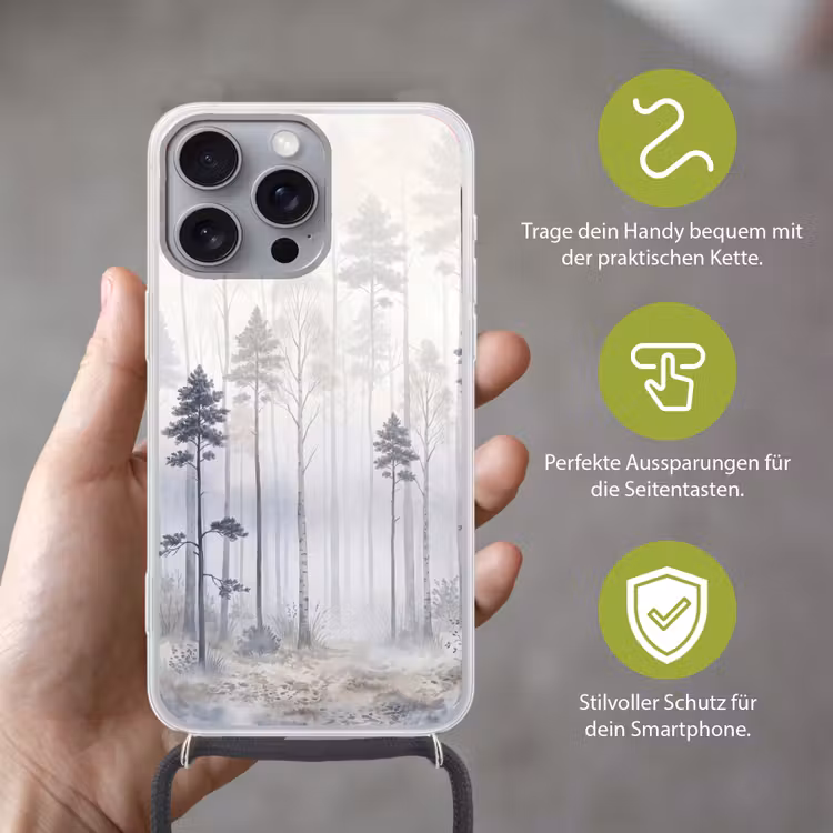 Bos - Bomen - Mist - Natuur - Illustratie - Grijs Hoesje iPhone 16 Pro Max met koord klein -sfeer2_DE