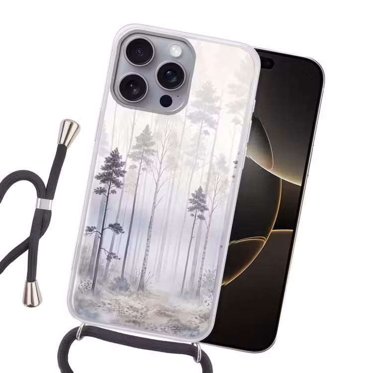 Bos - Bomen - Mist - Natuur - Illustratie - Grijs Hoesje iPhone 16 Pro Max met koord klein -sfeer1