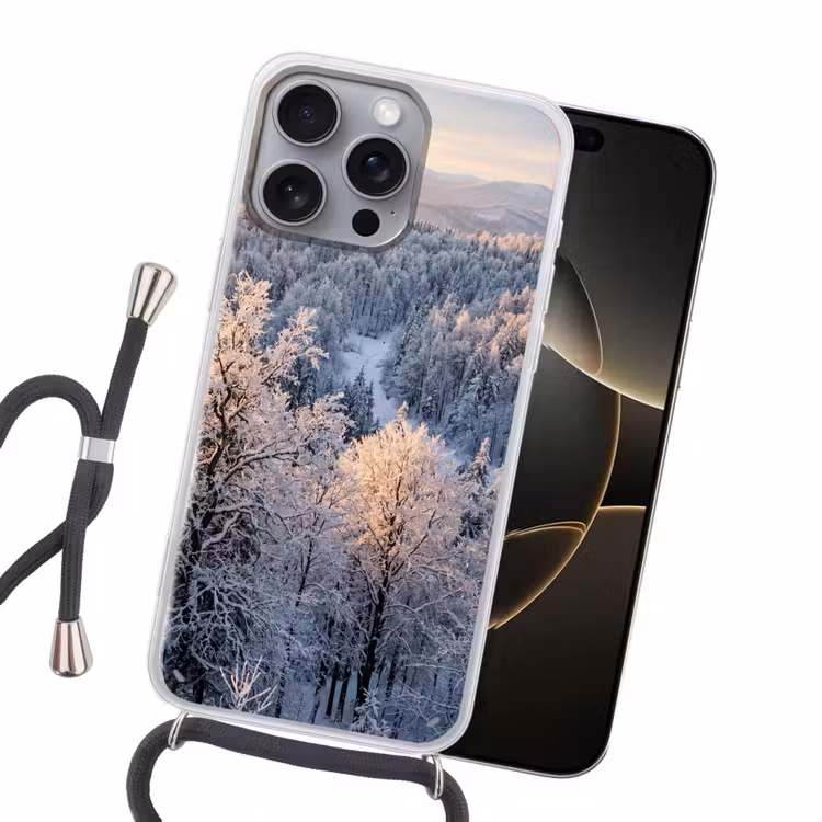 Bos - Bergen - Goud - Winter - Warm Hoesje iPhone 16 Pro Max met koord klein -sfeer1