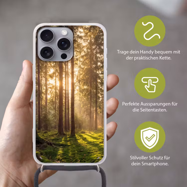 Bos - Gras - Zonlicht Hoesje iPhone 16 Pro Max met koord klein -sfeer2_DE