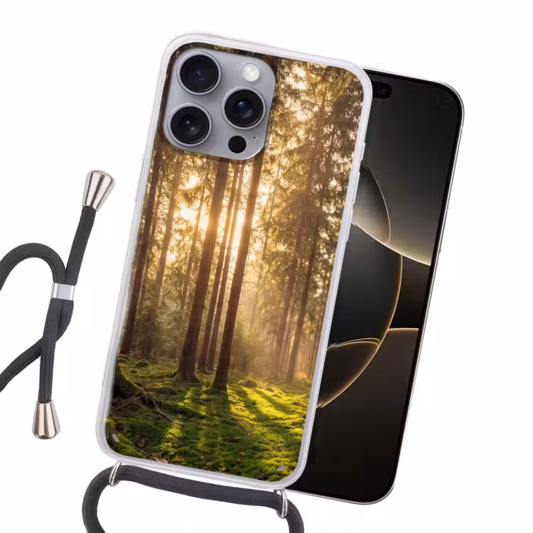 Bos - Gras - Zonlicht Hoesje iPhone 16 Pro Max met koord klein -sfeer1