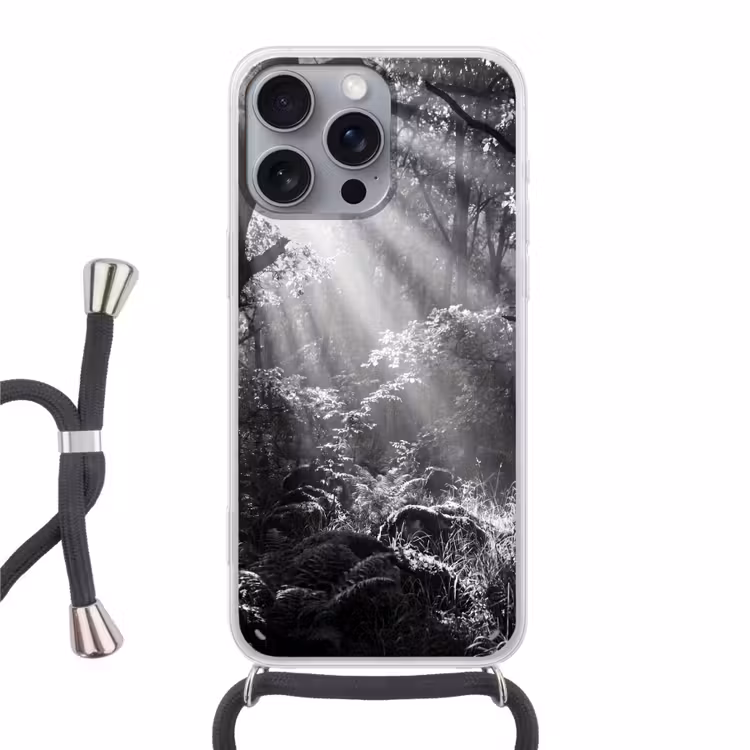 Bos - Lichtstralen - Natuur - Zwart-wit Hoesje iPhone 16 Pro Max met koord klein -3d