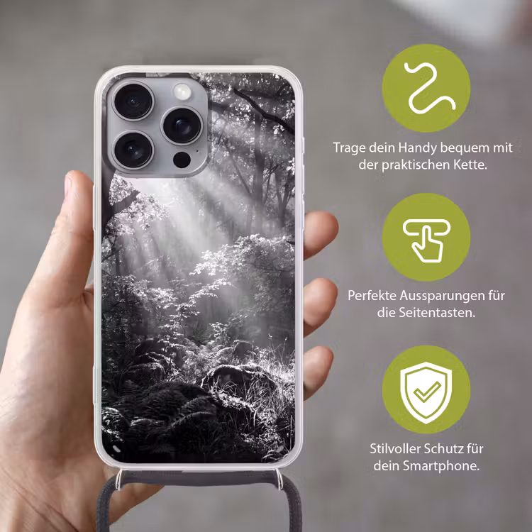 Bos - Lichtstralen - Natuur - Zwart-wit Hoesje iPhone 16 Pro Max met koord klein -sfeer2_DE