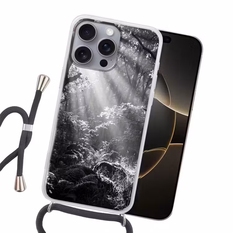 Bos - Lichtstralen - Natuur - Zwart-wit Hoesje iPhone 16 Pro Max met koord klein -sfeer1