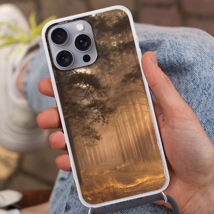 Bos - Mist - Zonlicht Hoesje iPhone 16 Pro Max met koord klein -sfeer3