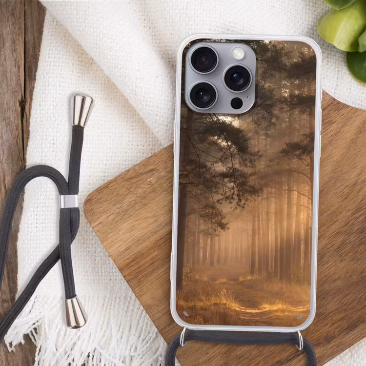 Bos - Mist - Zonlicht Hoesje iPhone 16 Pro Max met koord klein -sfeer4