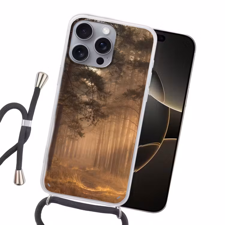 Bos - Mist - Zonlicht Hoesje iPhone 16 Pro Max met koord klein -sfeer1