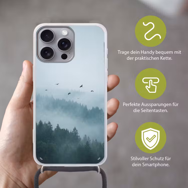 Bos - Mist - Vogels - Natuur - Groen Hoesje iPhone 16 Pro Max met koord klein -sfeer2_DE