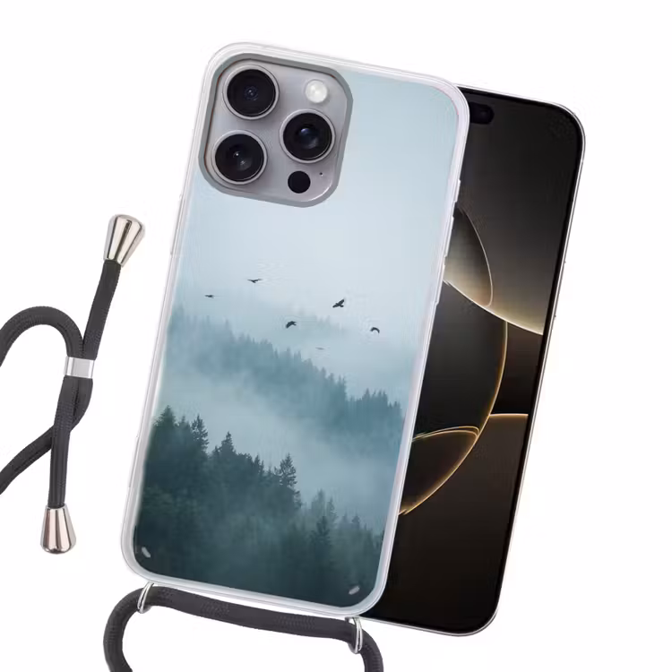 Bos - Mist - Vogels - Natuur - Groen Hoesje iPhone 16 Pro Max met koord klein -sfeer1