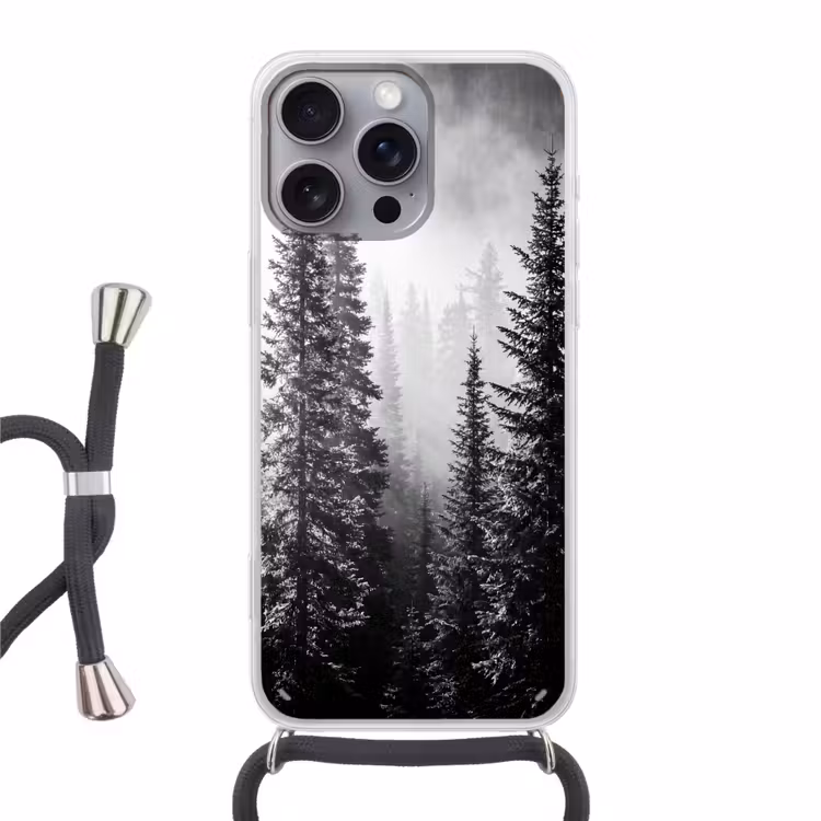 Bos - Mist - Winter - Monochroom - Natuur Hoesje iPhone 16 Pro Max met koord klein -3d