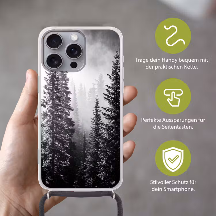 Bos - Mist - Winter - Monochroom - Natuur Hoesje iPhone 16 Pro Max met koord klein -sfeer2_DE