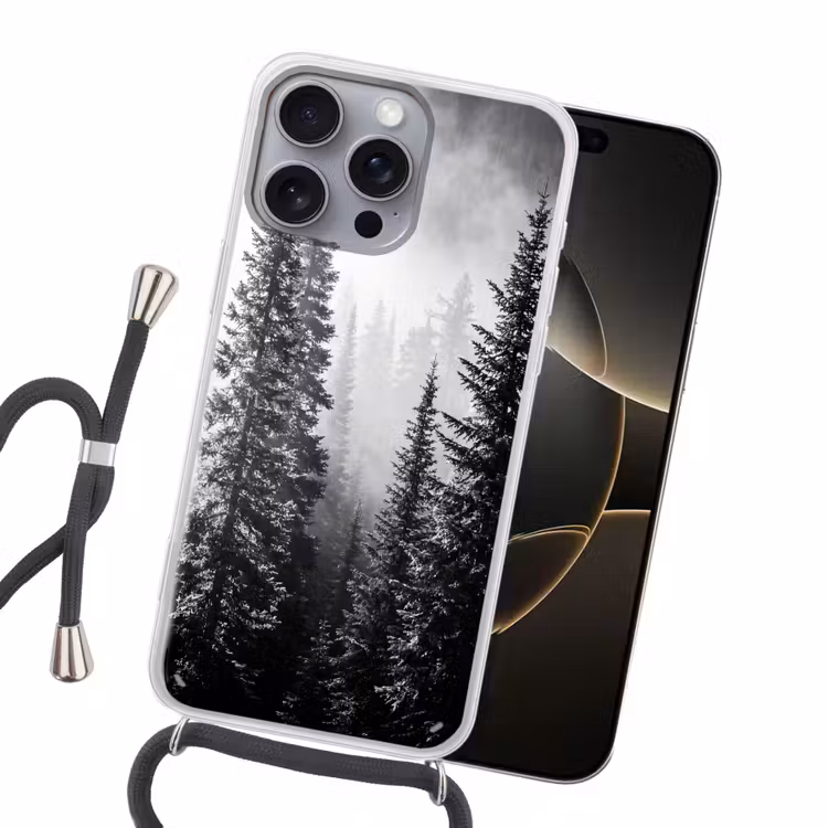 Bos - Mist - Winter - Monochroom - Natuur Hoesje iPhone 16 Pro Max met koord klein -sfeer1