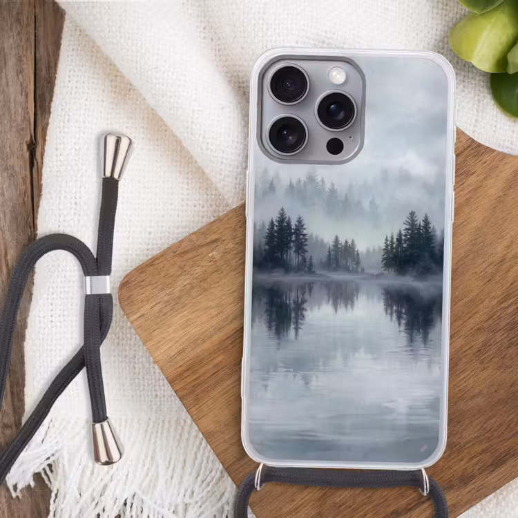 Bos - Meer - Mist - Natuur - Grijs Hoesje iPhone 16 Pro Max met koord klein -sfeer4