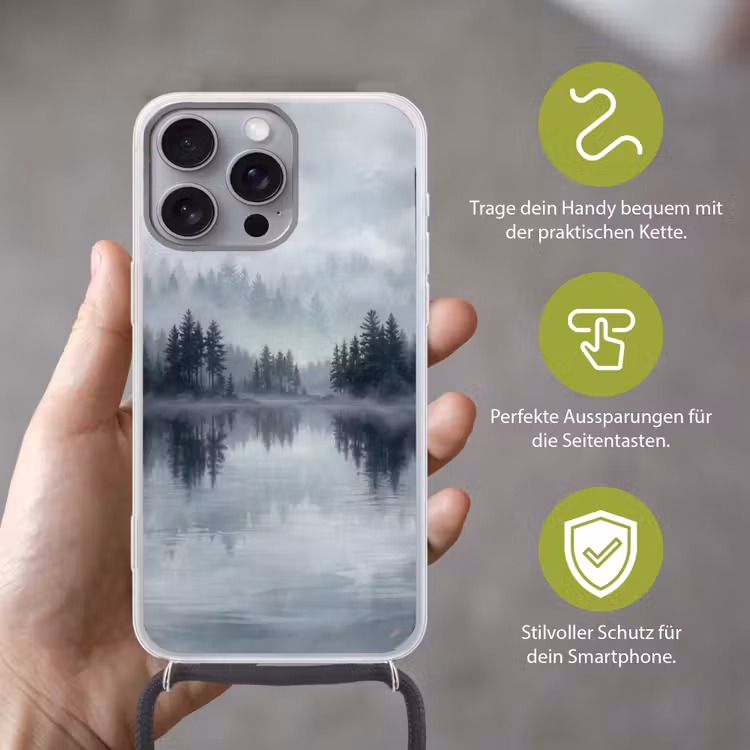 Bos - Meer - Mist - Natuur - Grijs Hoesje iPhone 16 Pro Max met koord klein -sfeer2_DE