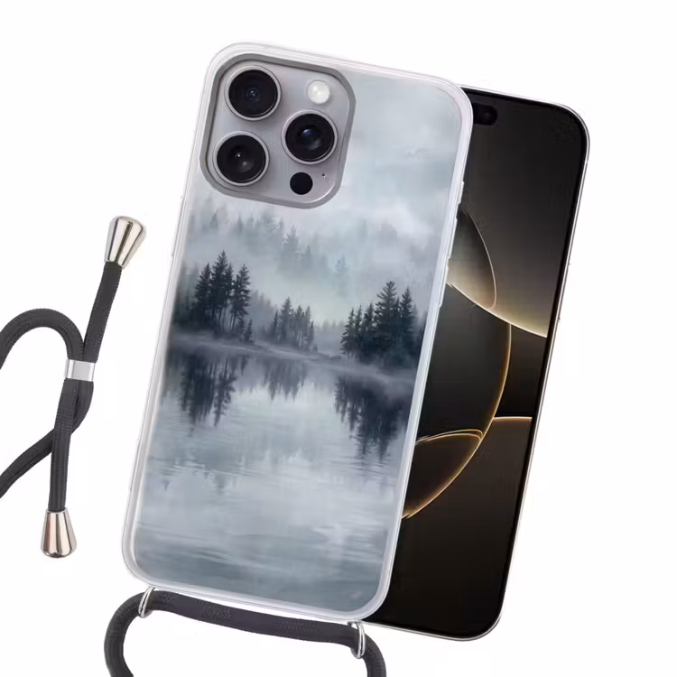 Bos - Meer - Mist - Natuur - Grijs Hoesje iPhone 16 Pro Max met koord klein -sfeer1