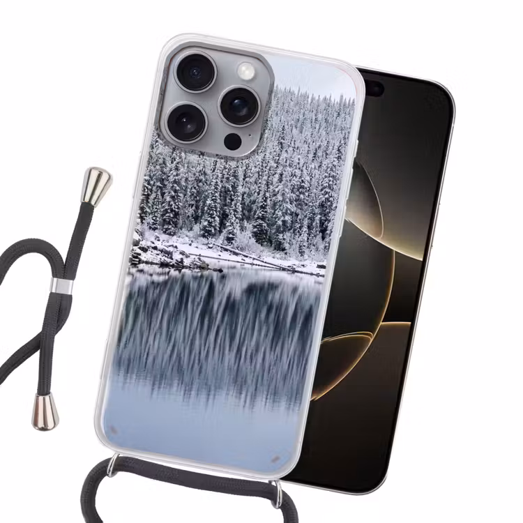 Bos - Reflectie - Meer - Winter - Serene Hoesje iPhone 16 Pro Max met koord klein -sfeer1