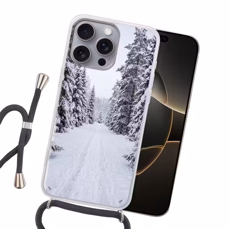 Bos - Winter - Sneeuw - Pad - Natuur Hoesje iPhone 16 Pro Max met koord klein -sfeer1