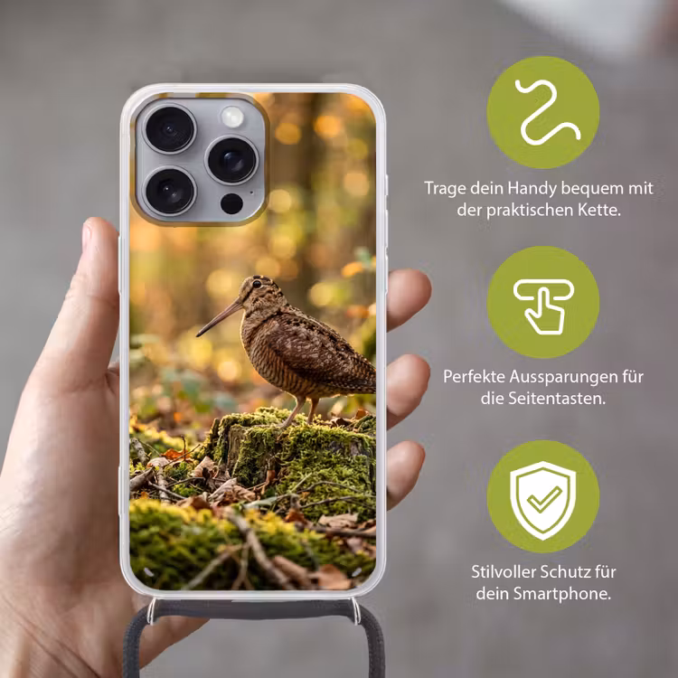 Houtsnip - Bos - Bladeren - Herfst - Gecamoufleerd Hoesje iPhone 16 Pro Max met koord klein -sfeer2_DE