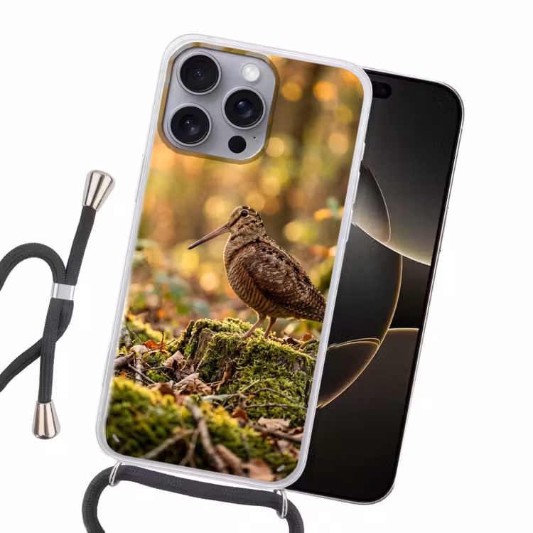 Houtsnip - Bos - Bladeren - Herfst - Gecamoufleerd Hoesje iPhone 16 Pro Max met koord klein -sfeer1