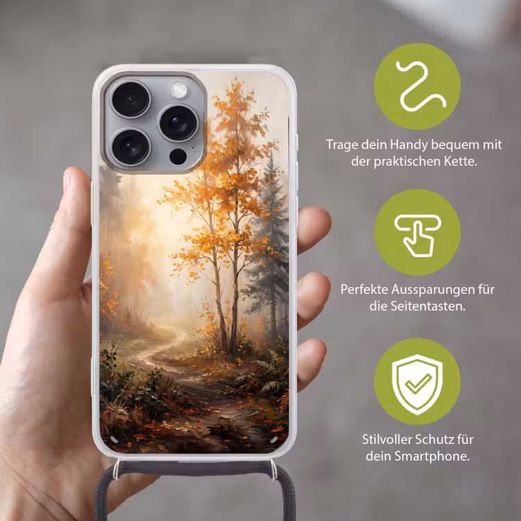 Bospad - Herfstbladeren - Natuur - Schilderachtig - Oranje Hoesje iPhone 16 Pro Max met koord klein -sfeer2_DE
