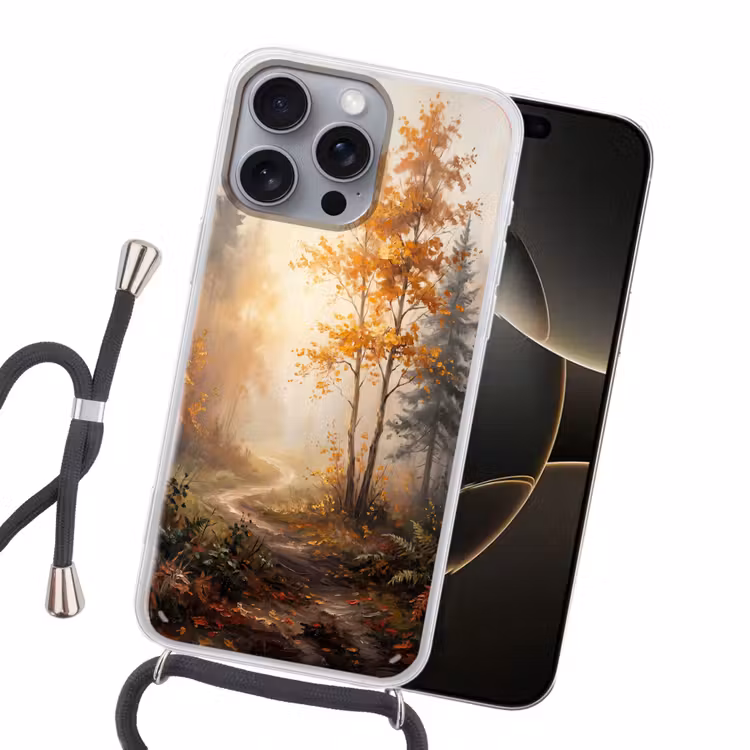 Bospad - Herfstbladeren - Natuur - Schilderachtig - Oranje Hoesje iPhone 16 Pro Max met koord klein -sfeer1
