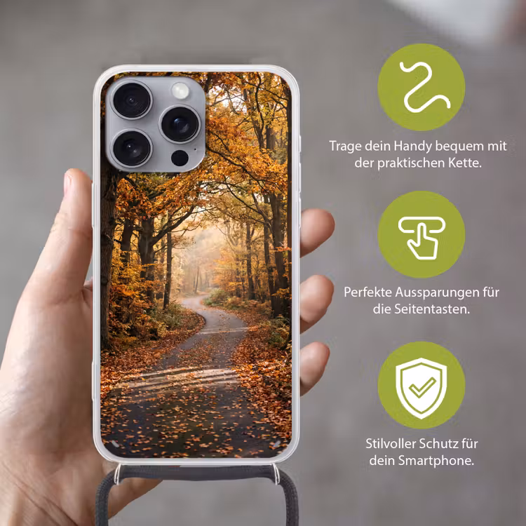 Bospad - Herfstbos - Bladeren - Oranje - Nostalgisch Hoesje iPhone 16 Pro Max met koord klein -sfeer2_DE