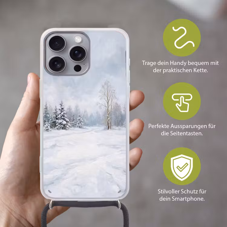 Bospad - Dennen - Sneeuw - Winter - Rustgevend Hoesje iPhone 16 Pro Max met koord klein -sfeer2_DE