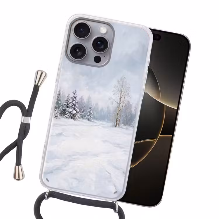 Bospad - Dennen - Sneeuw - Winter - Rustgevend Hoesje iPhone 16 Pro Max met koord klein -sfeer1