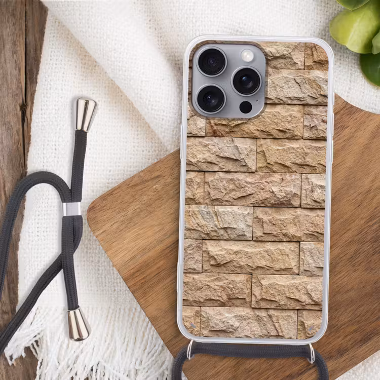 Muur - Steen - Ruw - Textuur - Beige Hoesje iPhone 16 Pro Max met koord klein -sfeer4