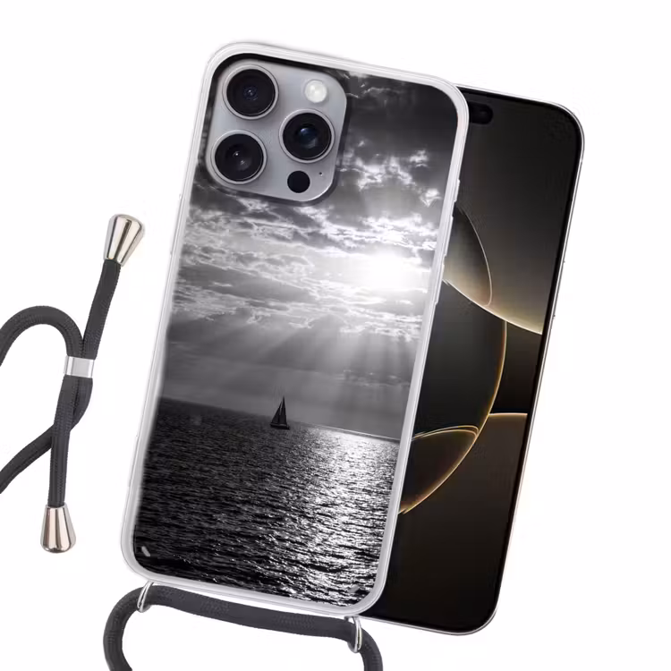 Water - Boot - Lucht - Natuur - Zwart-wit Hoesje iPhone 16 Pro Max met koord klein -sfeer1