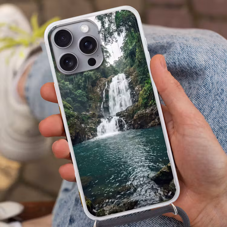 Waterfall - Forest - Nature - Greenkhgyguyg Hoesje iPhone 16 Pro Max met koord klein -sfeer3