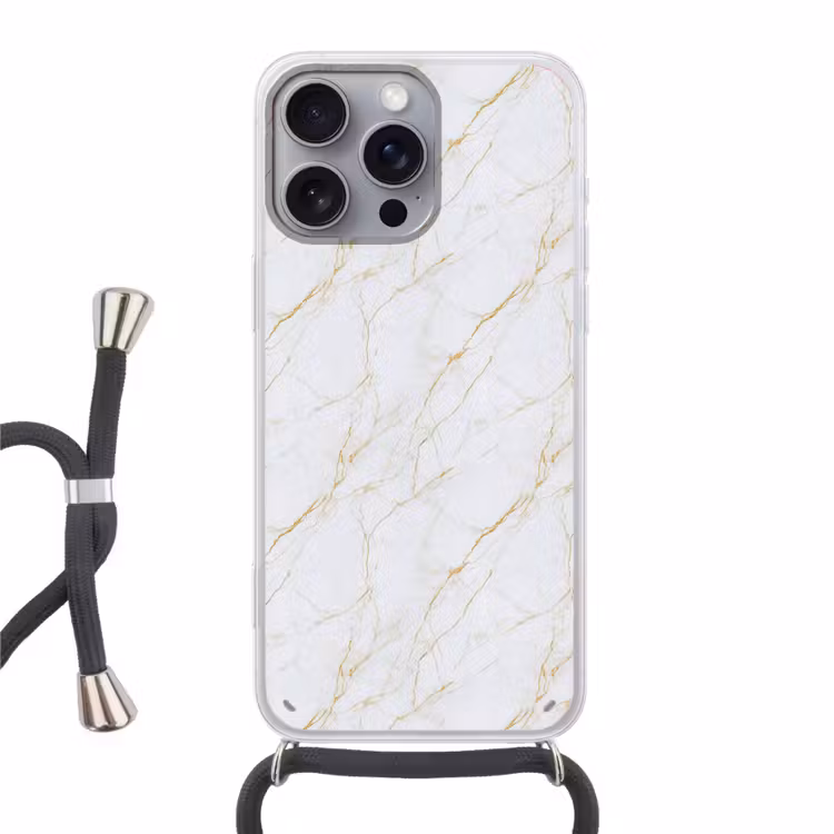 Wit - Marmer - Goud - Luxueus Hoesje iPhone 16 Pro Max met koord klein 804 -3d
