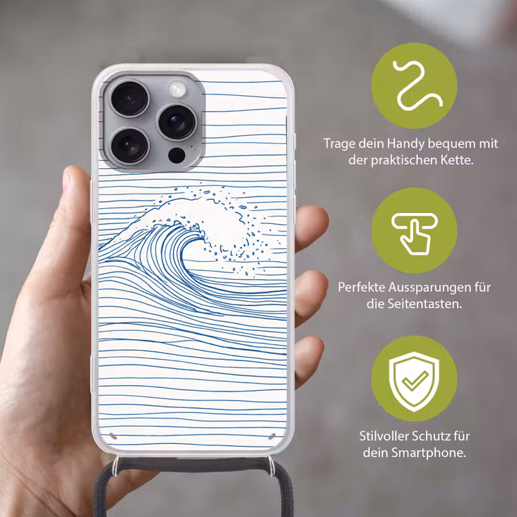 Golf - Brekende - Natuur - Minimalistisch - Blauw Hoesje iPhone 16 Pro Max met koord klein -sfeer2_DE