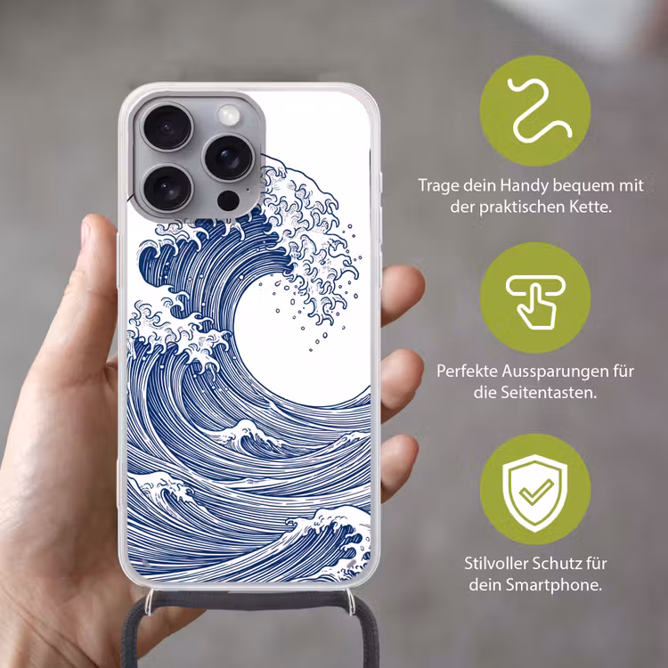 Golf - Japans - Zee - Illustratie - Blauw Hoesje iPhone 16 Pro Max met koord klein -sfeer2_DE