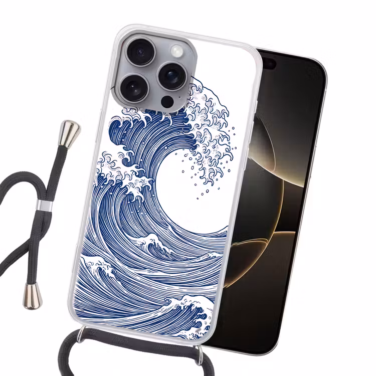 Golf - Japans - Zee - Illustratie - Blauw Hoesje iPhone 16 Pro Max met koord klein -sfeer1
