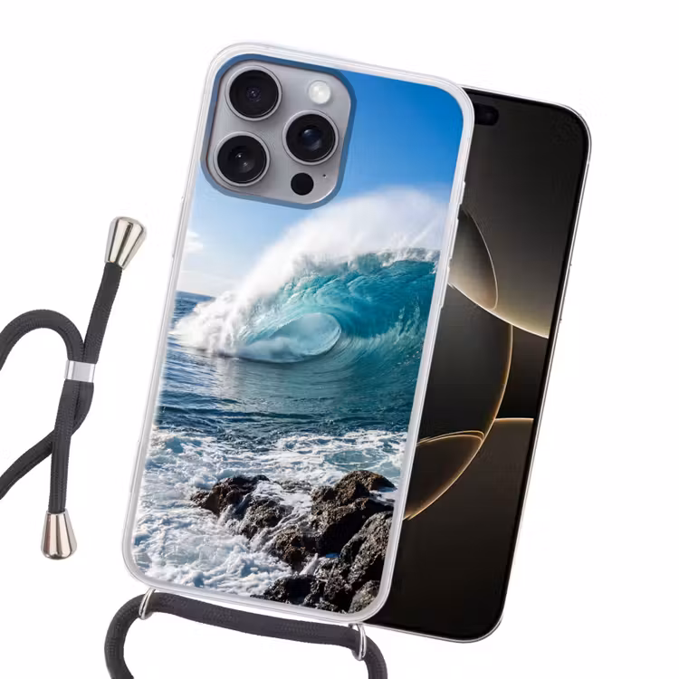 Golf - Oceaan - Brekend - Water - Blauw Hoesje iPhone 16 Pro Max met koord klein -sfeer1