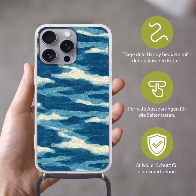 Golven - Abstract - Patroon - Blauw - Wit Hoesje iPhone 16 Pro Max met koord klein 804 -sfeer2_DE