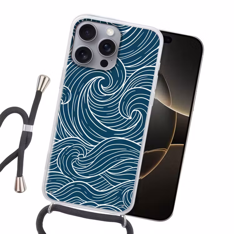 Golven - Spiraal - Water - Abstract - Blauw Hoesje iPhone 16 Pro Max met koord klein -sfeer1