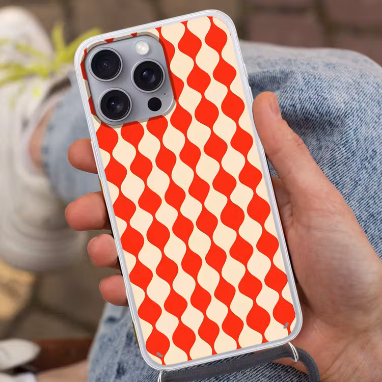 Golvend patroon - Retro - Rood - Beige Hoesje iPhone 16 Pro Max met koord klein 804 -sfeer3