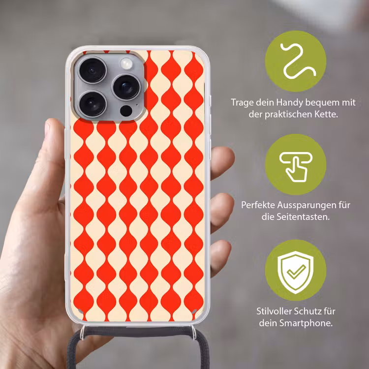 Golvend patroon - Retro - Rood - Beige Hoesje iPhone 16 Pro Max met koord klein 804 -sfeer2_DE