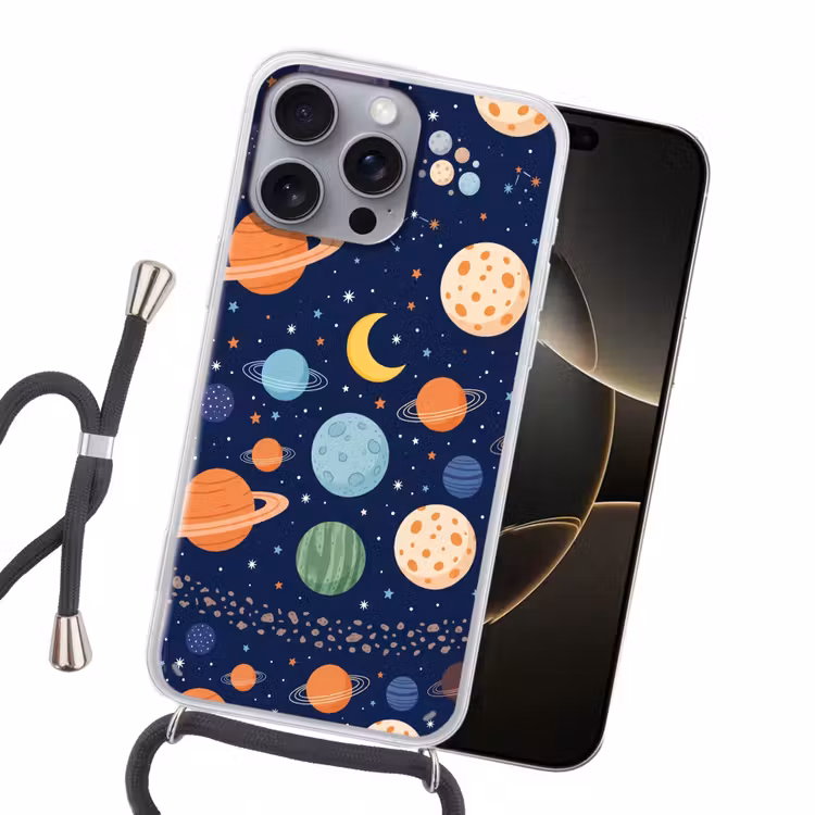 Ruimte - Planeten - Kleurrijk Hoesje iPhone 16 Pro Max met koord klein -sfeer1