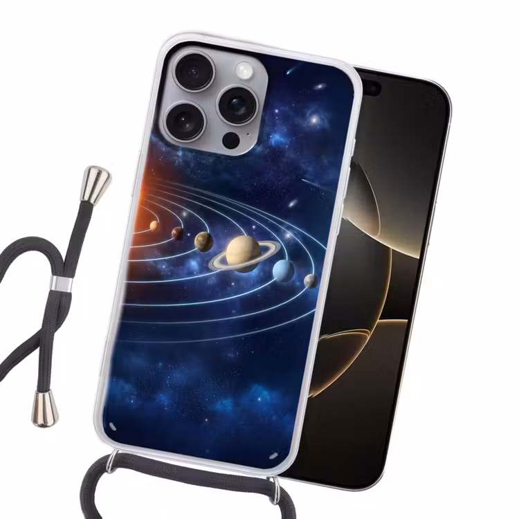Ruimte - Zonnestelsel - Blauw Hoesje iPhone 16 Pro Max met koord klein -sfeer1
